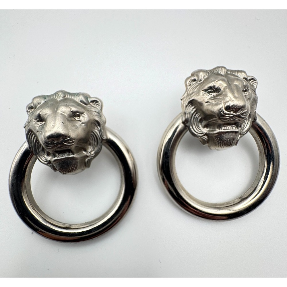 Vintage Door Knocker Earrings Silver Tone Lion Head Pierced Statement Boho